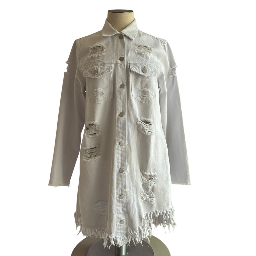 American Bazi White Denim Jacket M Distressed Shredded Open Back Grunge Y2K